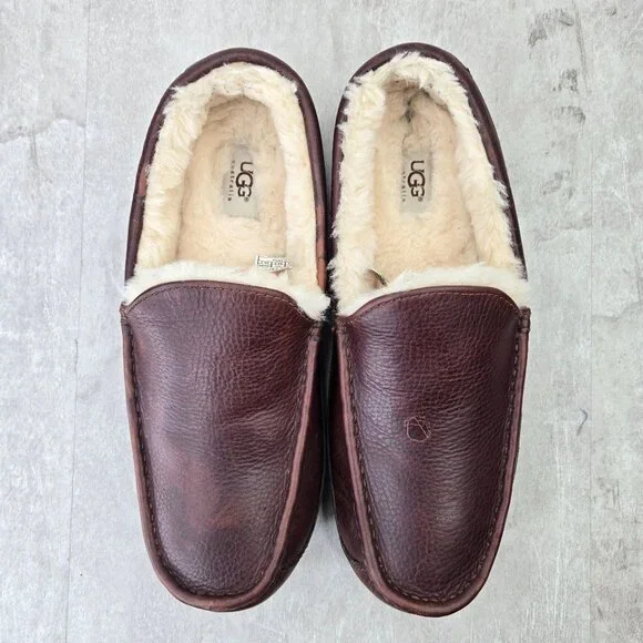Ugg Slipper Loafers Mens 11 Brown Leather Fur Lined Slip On Comfort Dress Shoes - Picture 2 of 12